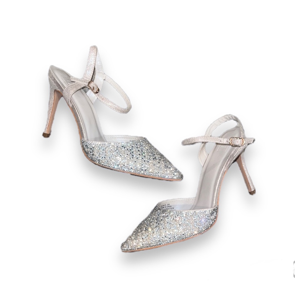 micro crystal pointy toe ankle strap heels